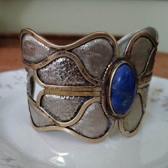 Vintage 1980s MORITA GIL Chile Mixed Metal & Lapis Lazuli Designer Bracelet 925 - Picture 4 of 10